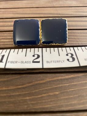Vintage Navy Blue Square Statement Stud Earrings with Gold Trim